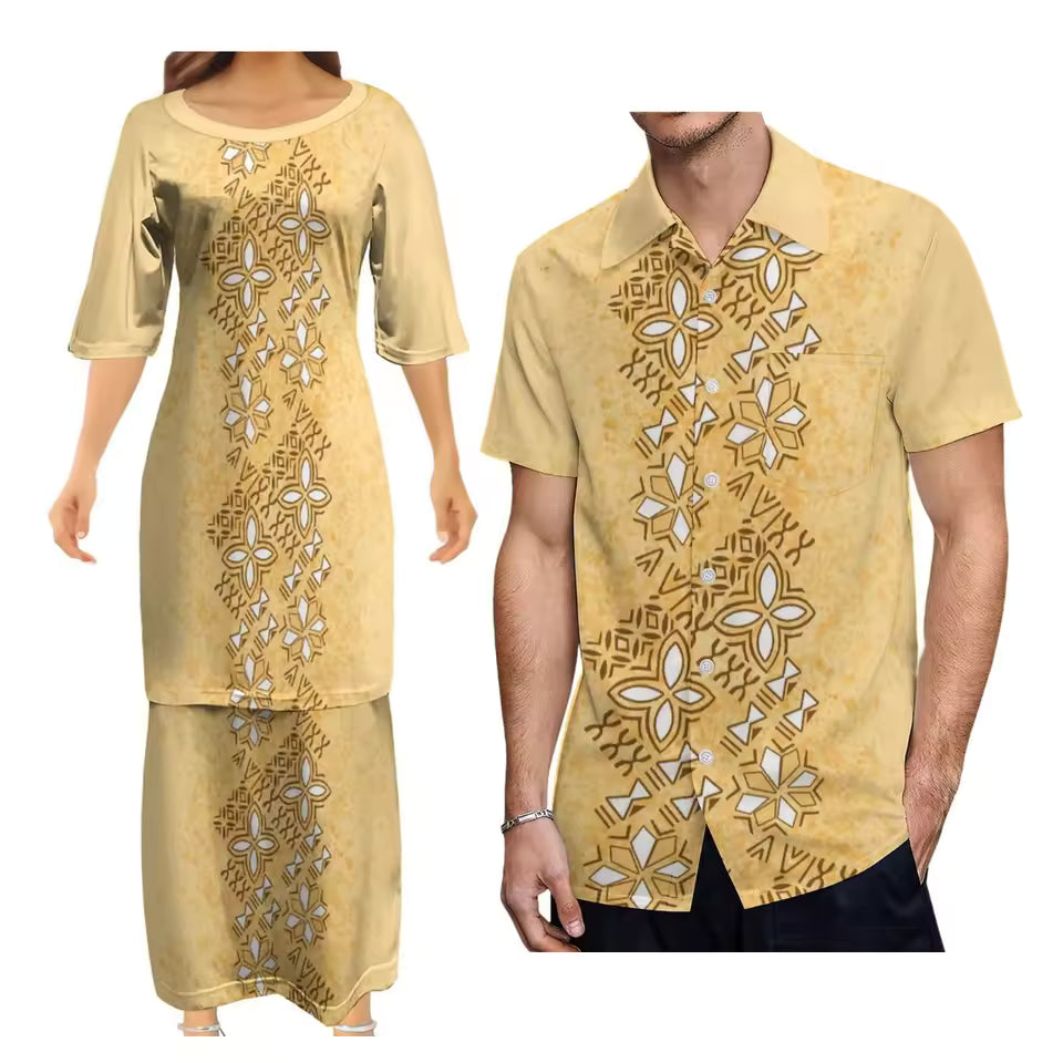 Matching Couple Outfit Polynesian Tribal Pattern Dress Samoan Puletasi Dress Two-Piece Suit With Men's Shirt