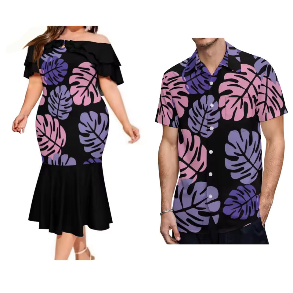 Polynesian Tribe Black Fishtail Dress Matching Outfit For Couple Polynesian Leaf Pattern Printed Dress And Hawaiian Shirt Outfit Set