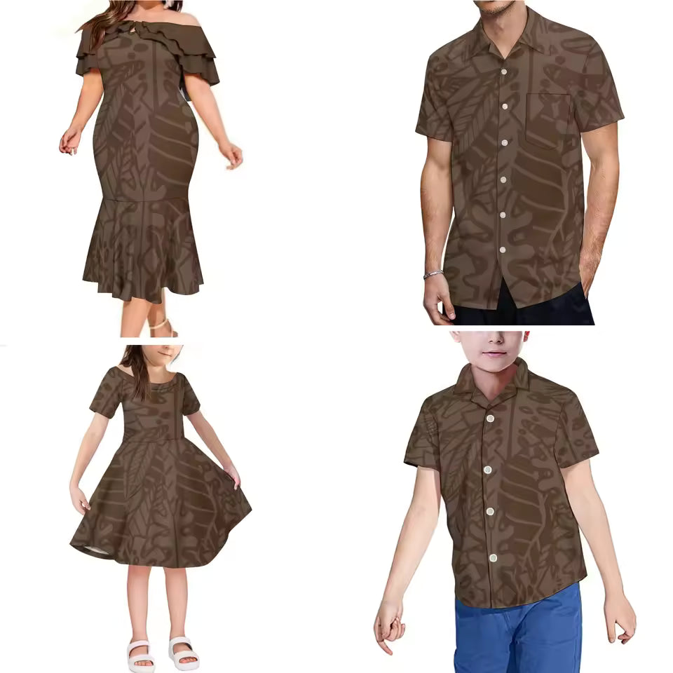 Polynesian Tribal Design Matching Outfit For Family Hawaii Ethnic Style Dress Ruffled Dress And Hawaiian Shirt For Him