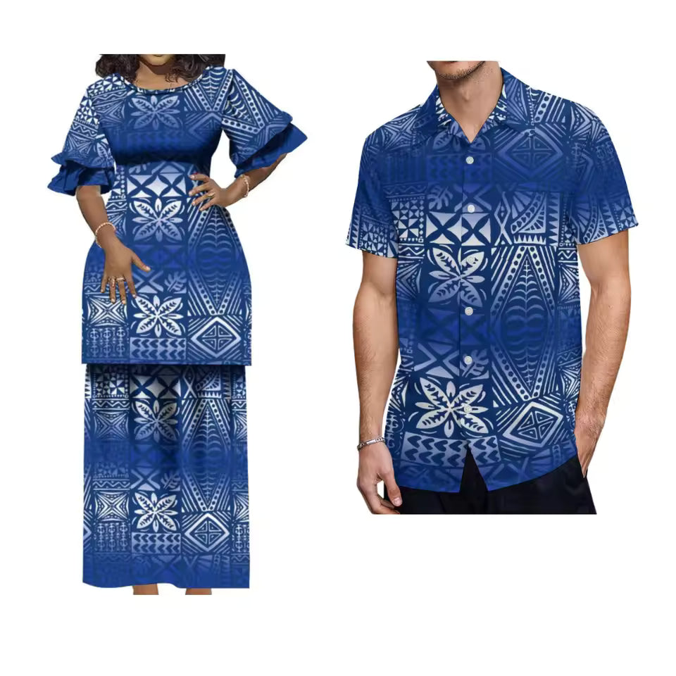 Blue Polynesian Tribal Matching Outfit For Couple Puletasi Double layer Horn Sleeve Dress For Her and Hawaii Shirt For Him