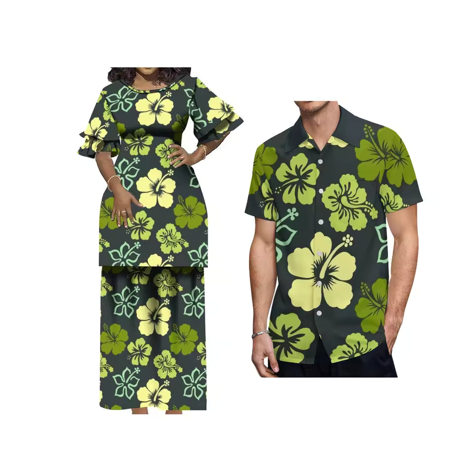 Polynesian Tribal Hibiscus Flowers Pattern Couple Matching Outfit Crewneck Casual Island Puletasi Double layer Horn Sleeve Dress and Hawaii Shirt