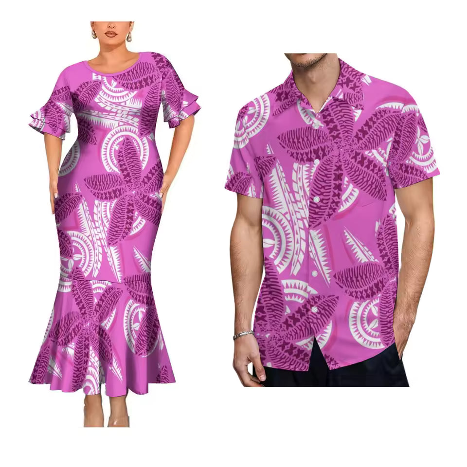 Polynesian Pattern Printed Pink Couple Outfit Polynesian Women's Short-Sleeved Dress Party Hawaiian Shirt For Men