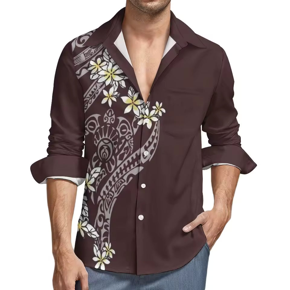 Matching Outfit For Couples Polynesian Plumeria Tight Short Sleeve Dress Style Men Long Sleeve Shirt