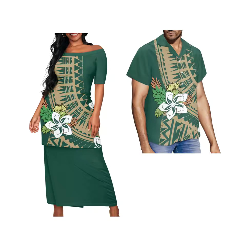 Samoa Couple Set Flowers Polynesian Tribal Pattern Printed Green Matching Outfit For Couple Traditional Puletasi Dress And Hawaiian Shirt
