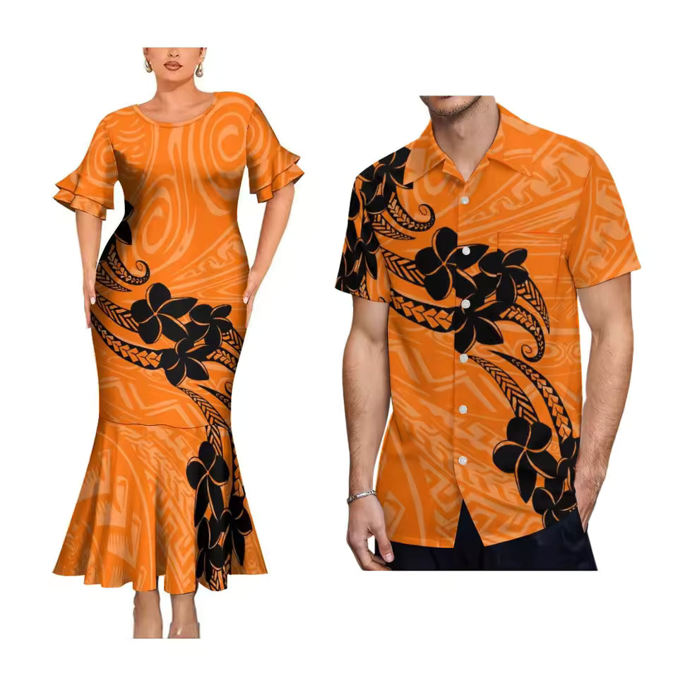 Plumeria Pattern Orange Matching Outfit For Couple Polynesian Tribal Printed Short Sleeve Mermaid Long Dress And Hawaiian Shirt