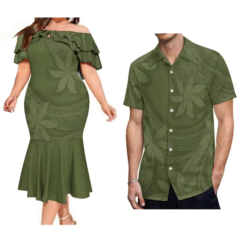 Polynesian Summer Matching Outfit For Couple Polynesian Tropical Pattern Printed Ruffled Fishtail Dress And Hawaiian Shirt Matching Set