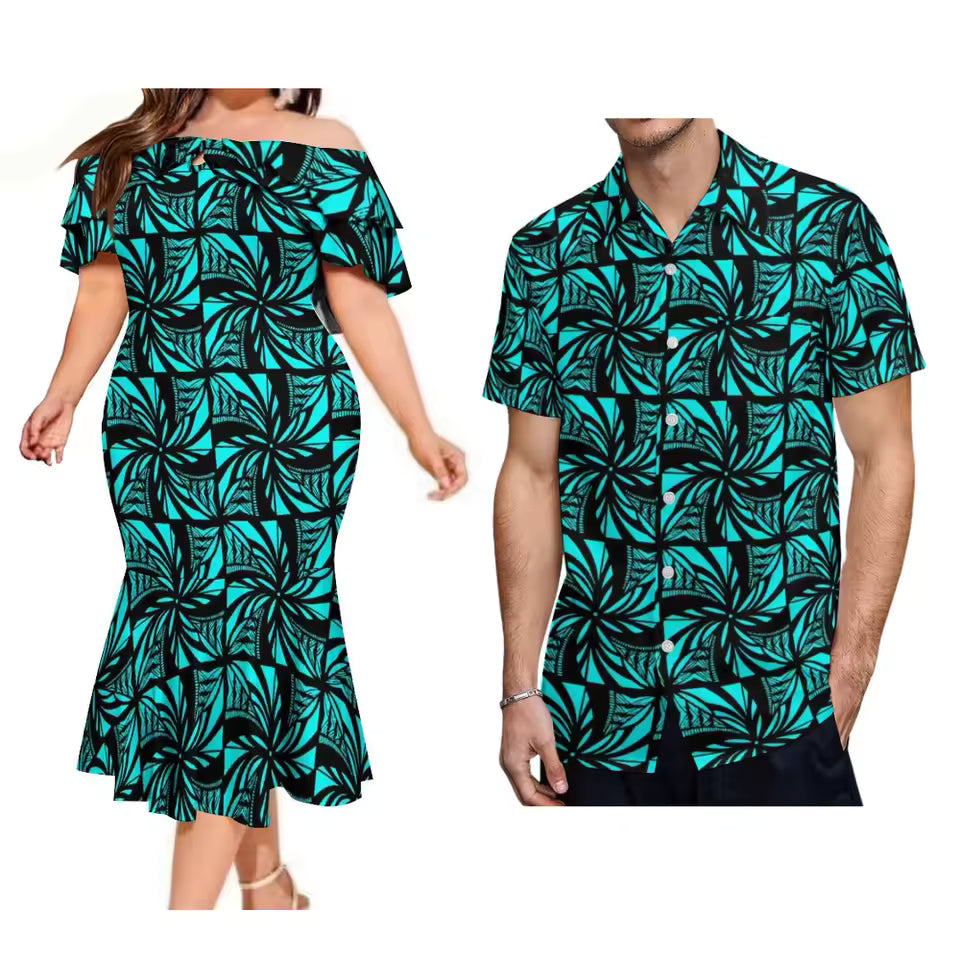 Polynesian Tribal Pattern Couple Set Printed Blue Ruffled Fishtail Dress And Hawaiian Shirt Matching Ourfit For Couple
