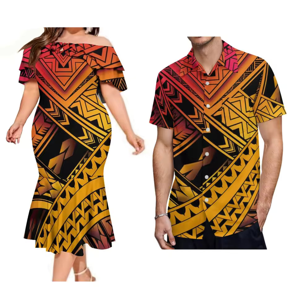 Polynesian Tribal Pattern Couple Set Printed Tropical Ruffled Fishtail Dress And Hawaiian Shirt Matching Ourfit For Couple
