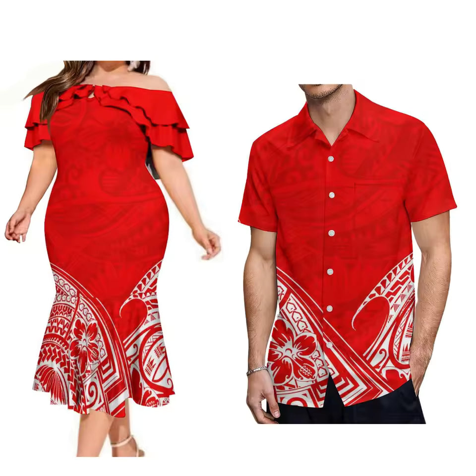 Polynesian Tribal Red Pattern Couple Matching Outfit For Family Dress Polynesian Ruffled Dress And Hawaiian Shirt For Him