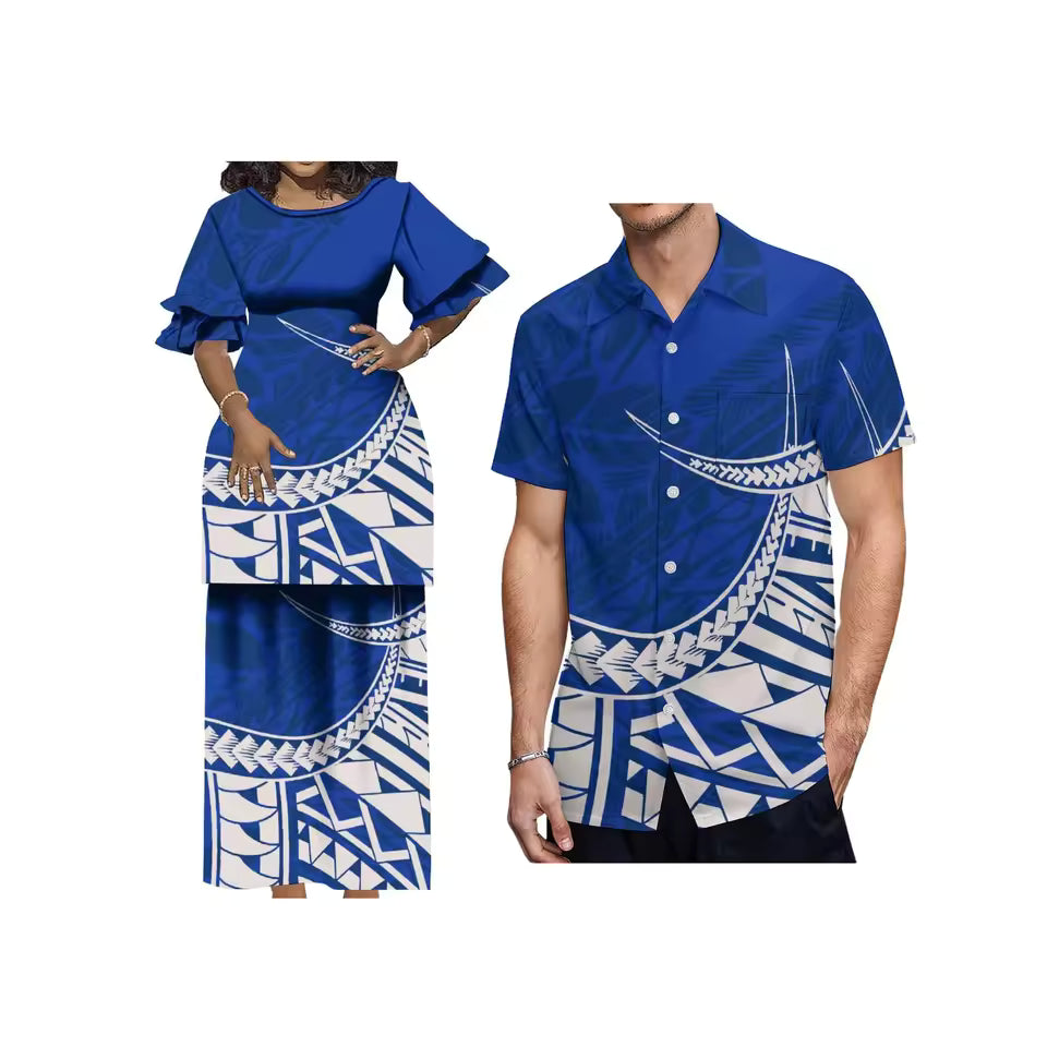 Blue Polynesian Tribal Printed Samoa Matching Outfit For Couple Puletasi Double layer Horn Sleeve Dress Couple Set