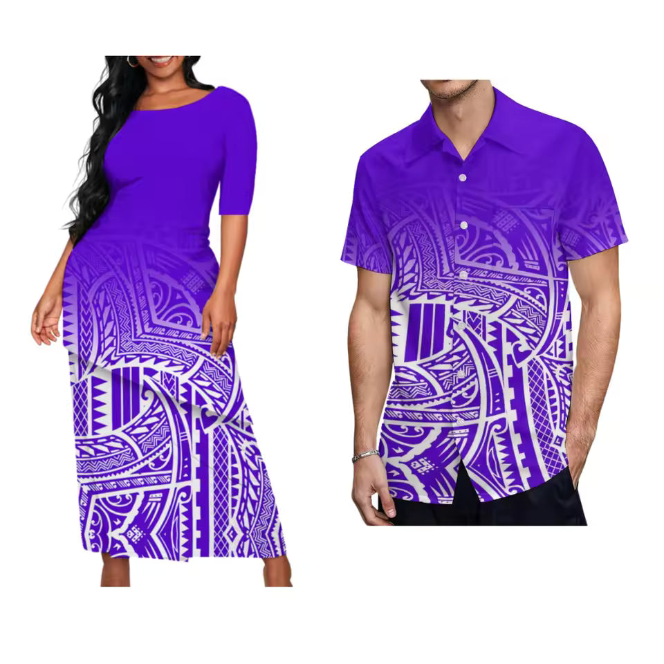 Purple Polynesian Pattern Matching Outfit For Couple Traditional Puletasi Dress And Hawaiian Shirts Party Couple Set For Her Him