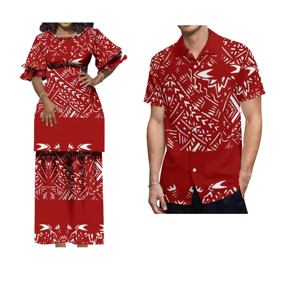 Polynesian Pattern Red Matching Outfit For Couple Puletasi Double layer Horn Sleeve Dress For Her and Hawaii Shirt For Him