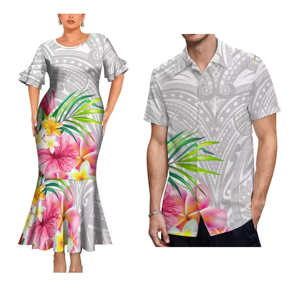 Polynesian Island Couple Outfit Polynesian Pattern Women's Short-Sleeved Dress Party Hawaiian Shirt For Men