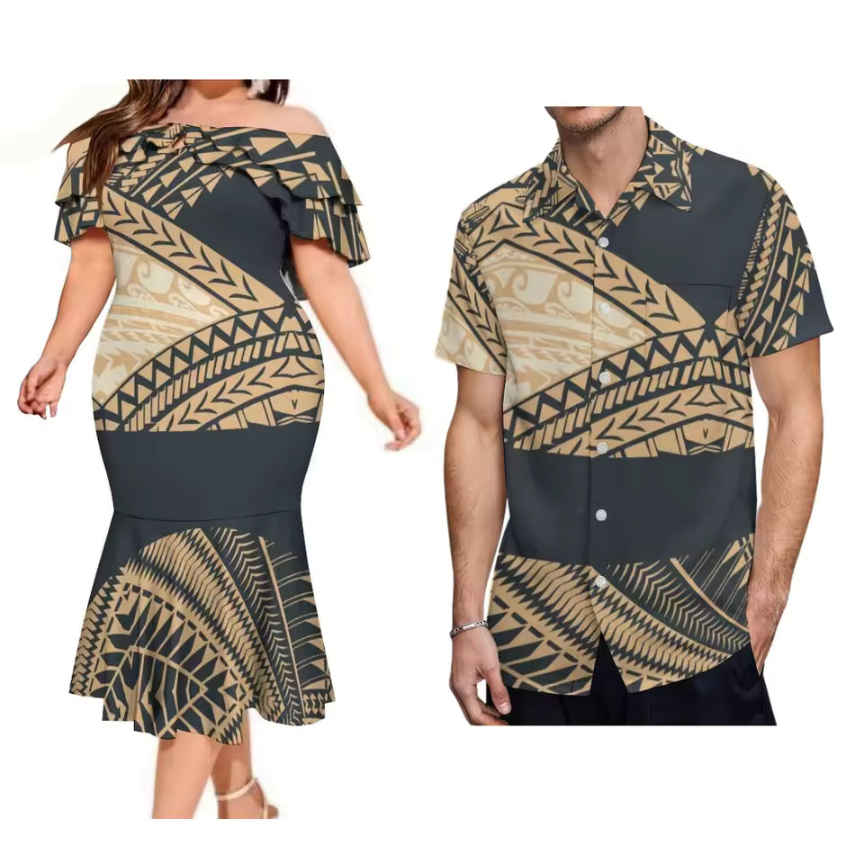 Polynesian Tribal Pattern Matching Outfit For Couple Ruffled Fishtail Dress And Hawaiian Shirt Ourfit Set