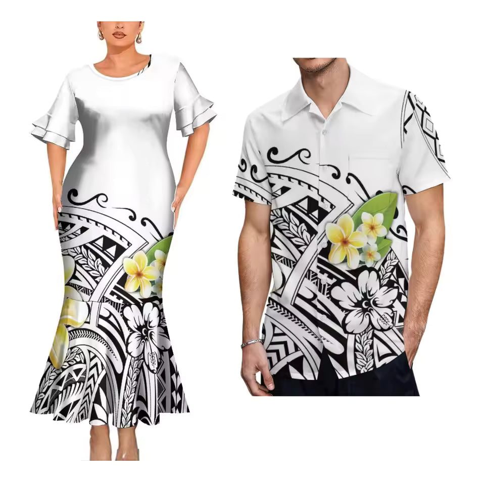 Island Style Matching Outfit For Couple Polynesian Tribal Printed Plumeria Flowers White Short Sleeve Mermaid Long Dress And Hawaiian Shirt