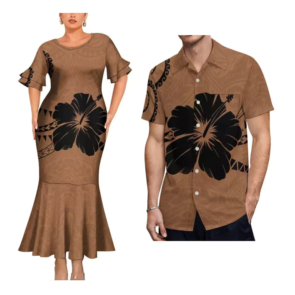 Polynesian Tribal Hibiscus Flowers Pattern Brown Matching Outfit For Couple Polynesian Short Sleeve Mermaid Long Dress And Hawaiian Shirt