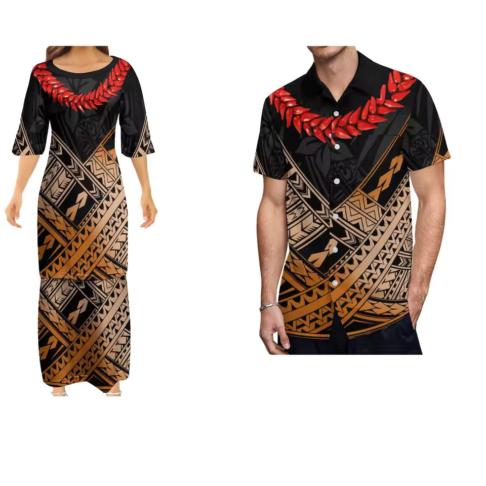 Summer Women's Dress Men's Shirt Couple Suit Samoan Necklace Polynesian Matching Outfit For Couple
