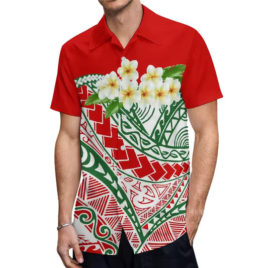 Polynesian Plumeria Flower Matching Outfit For Couple Polynesian Short Sleeve Mermaid Long Dress And Hawaiian Shirt