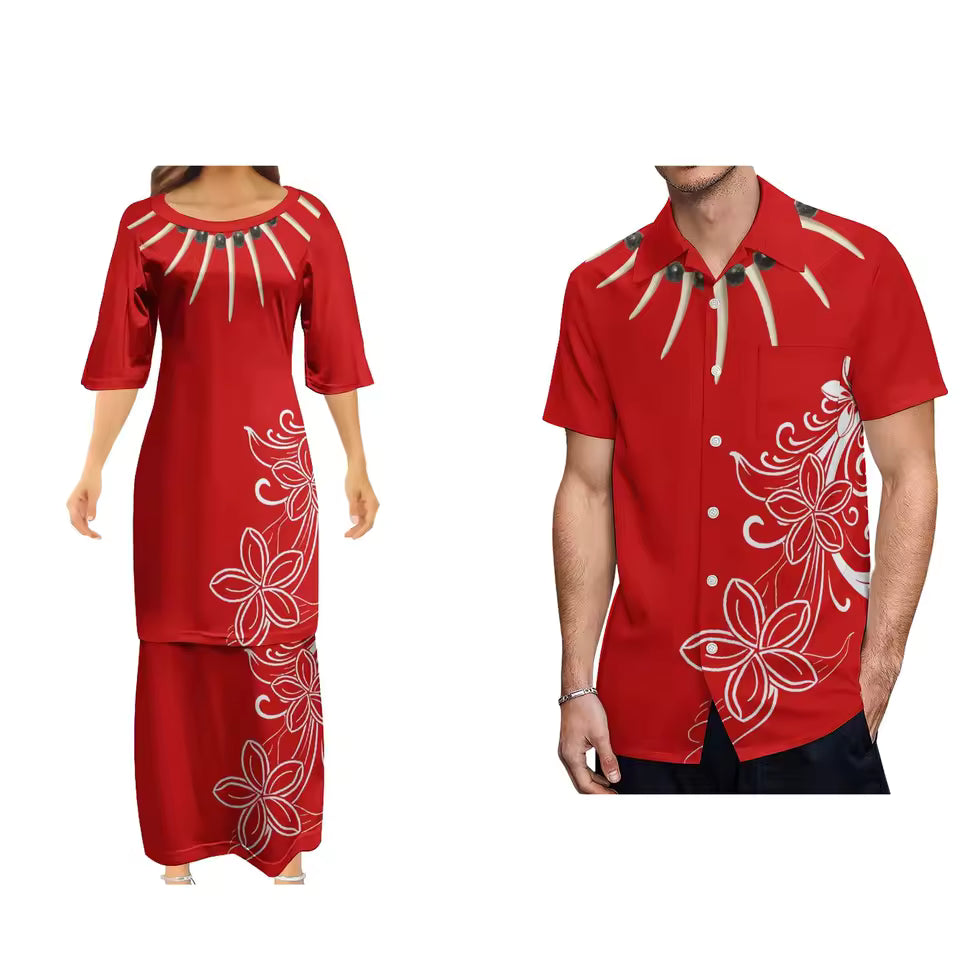 Samoan Necklace Ula Nifo Polynesian Flowers Pattern Red Matching Outfit For Couple Polynesian Puletasi Dress And Hawaiian Shirts Couple Set