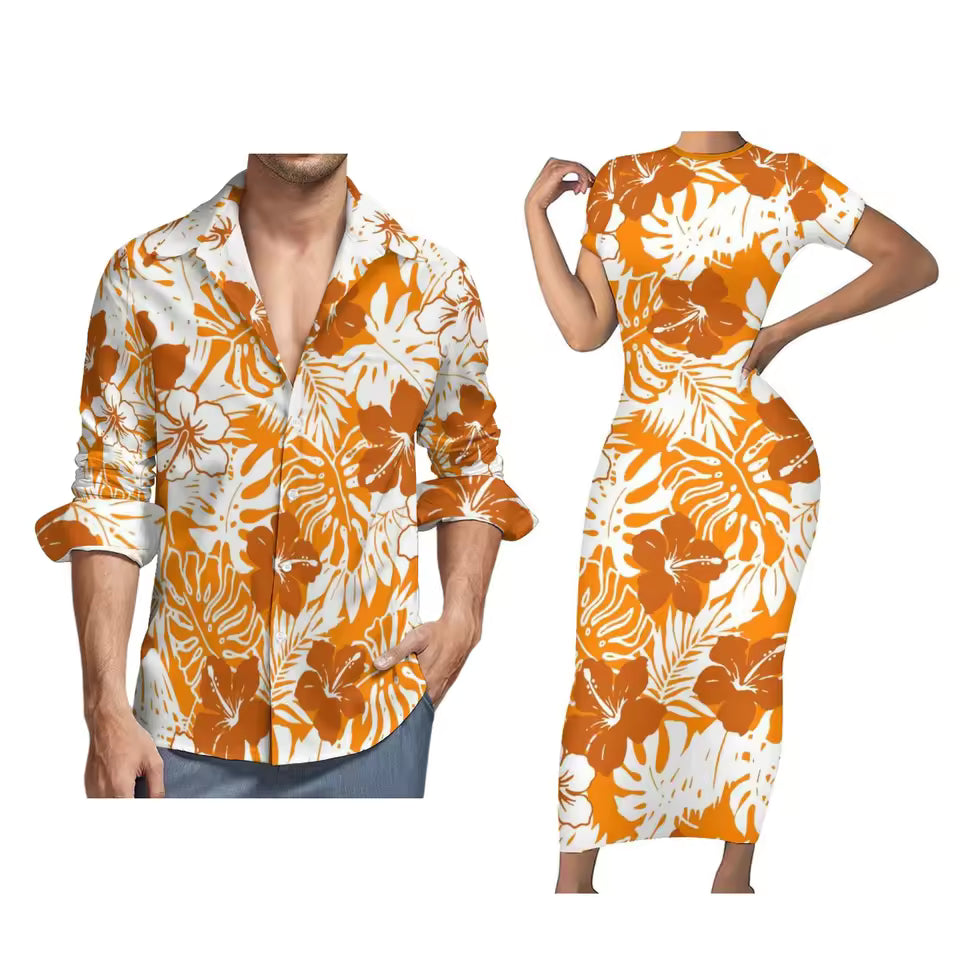 Palm Leaf Hibiscus Flowers Pattern Matching Outfit For Couples Polynesian Tight Short Sleeve Dress Style Men Long Sleeve Shirt