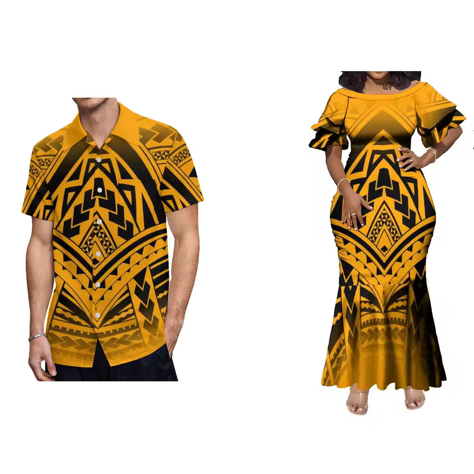 Orange Polynesian Tribal Couple Set For Her Him Island Matching Outfit Short Sleeve Mermaid Long Dress And Hawaiian Shirt Outfit Set