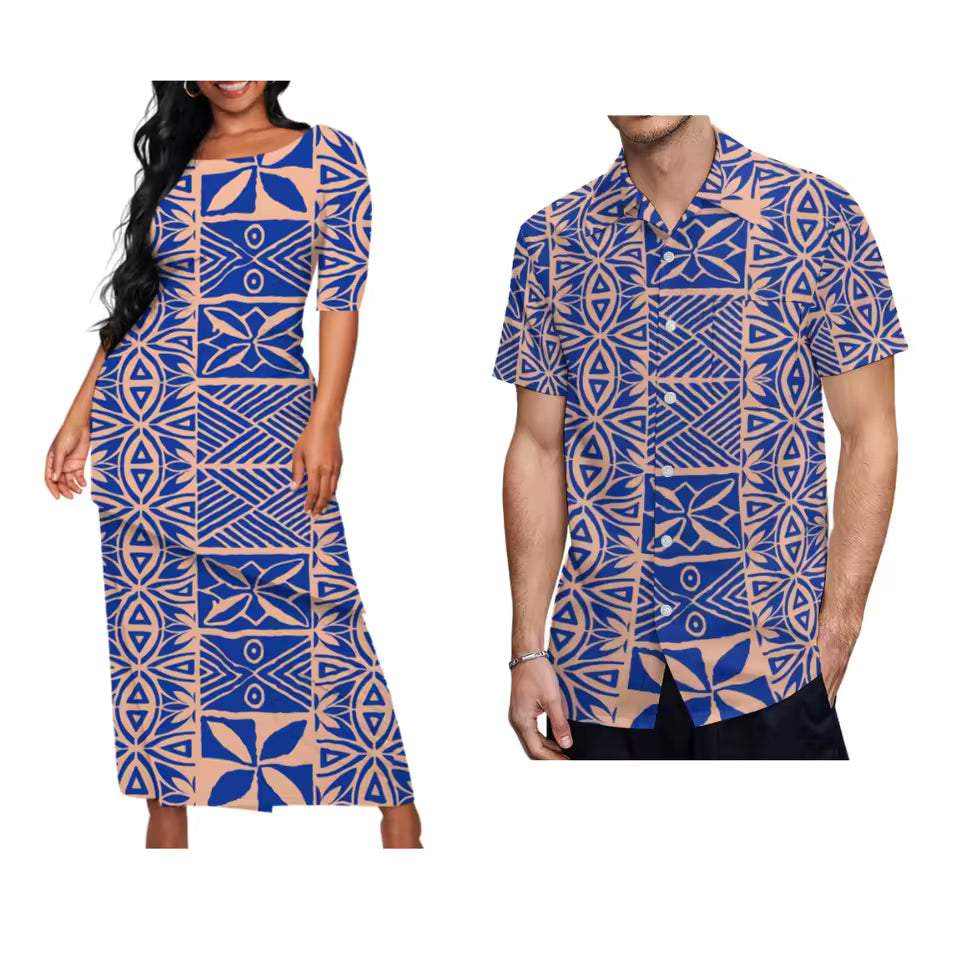 Polynesian Pattern Matching Couple Outfit Traditional Puletasi Dress And Hawaiian Shirts Party Couple Set For Her Him