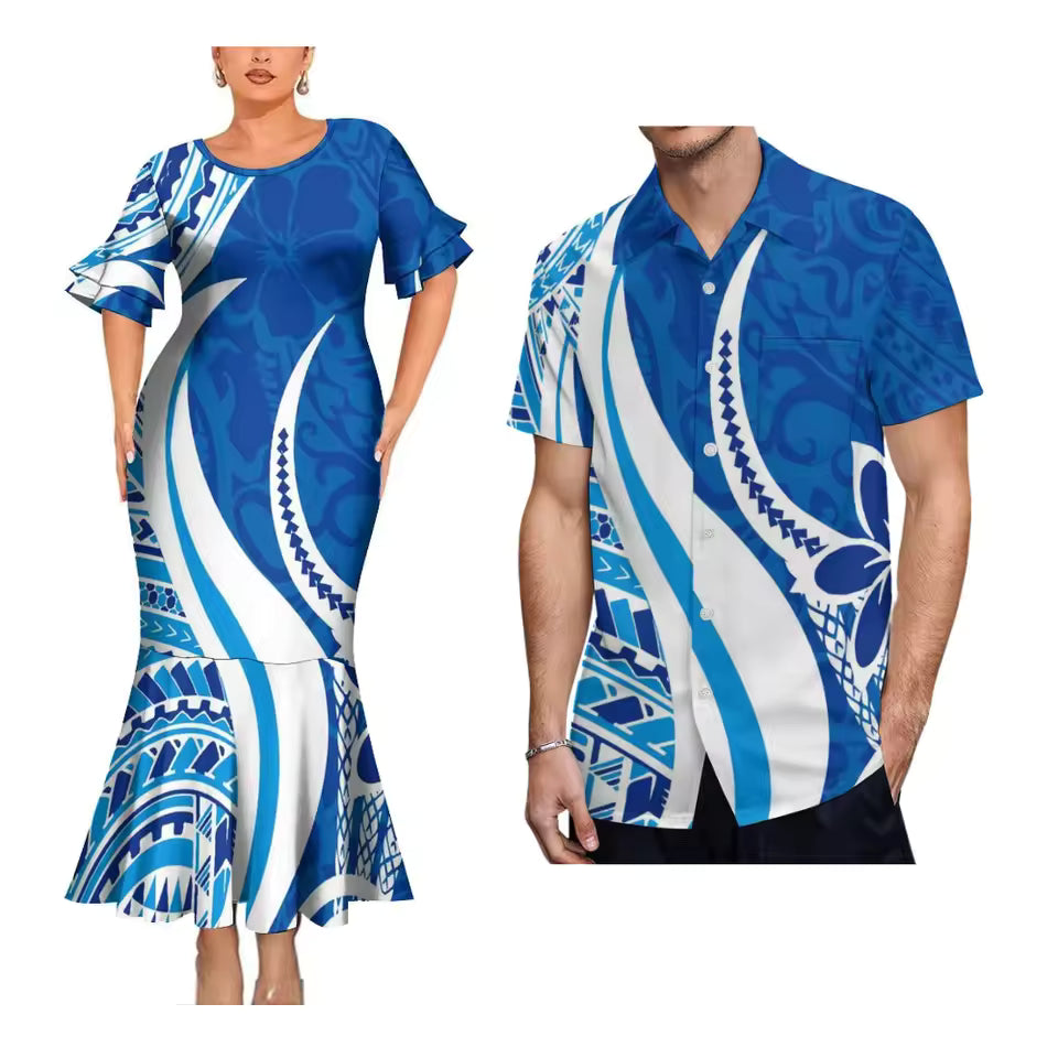Polynesian Tribal Pattern Blue Curve Style Matching Outfit For Couple Polynesian Short Sleeve Mermaid Long Dress And Hawaiian Shirt