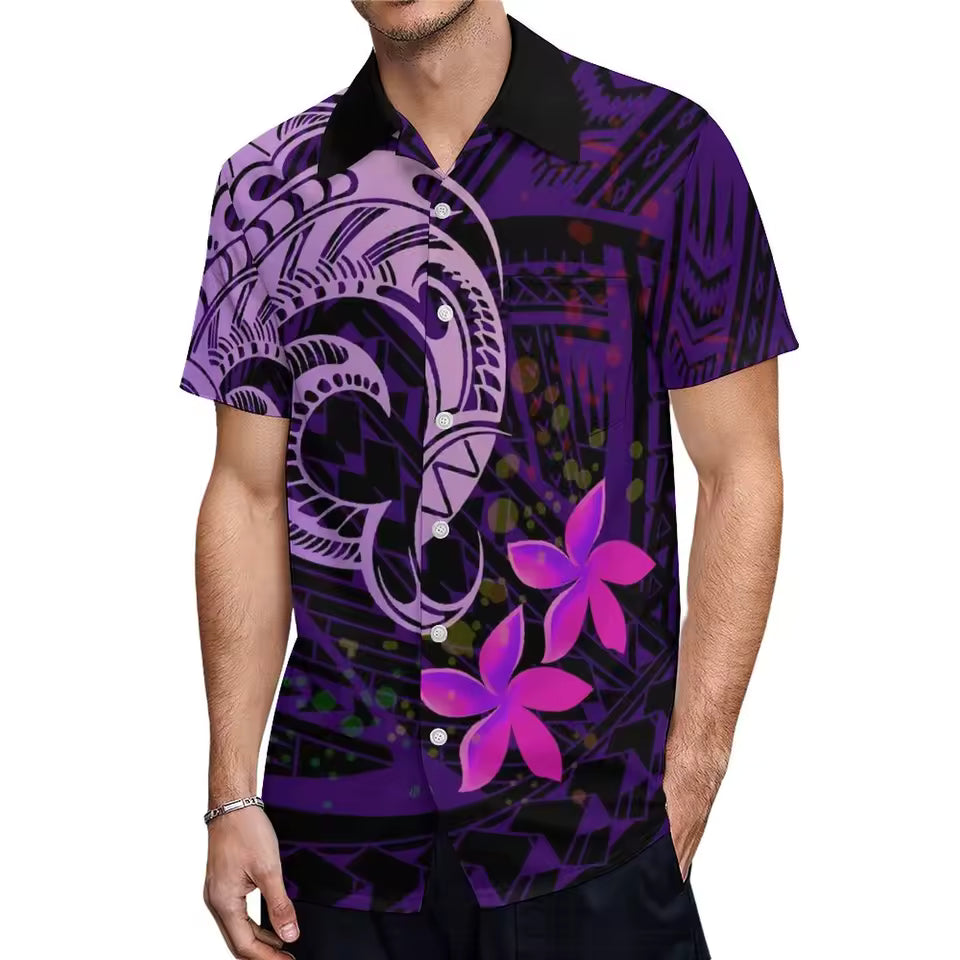 Island Art Plumeria Purple Matching Outfit For Couple Polynesian Dress Summer Puletasi Elegant Set Dress And Hawaiian Shirt Party Dress