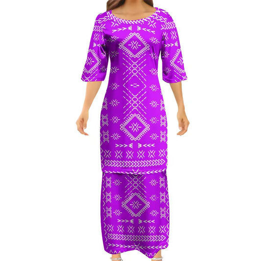 Samoan Purple Puletasi Polynesian Tattoo Pattern Matching Outfit For Couple Women Dresses lady Design Dress Matching Men's Short-Sleeved Shirts Couple Suit