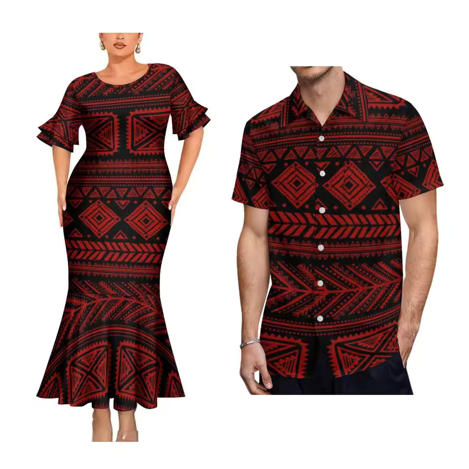Polynesian Pattern Red Matching Outfit For Couple Polynesian Tribal Printed Short Sleeve Mermaid Long Dress And Hawaiian Shirt