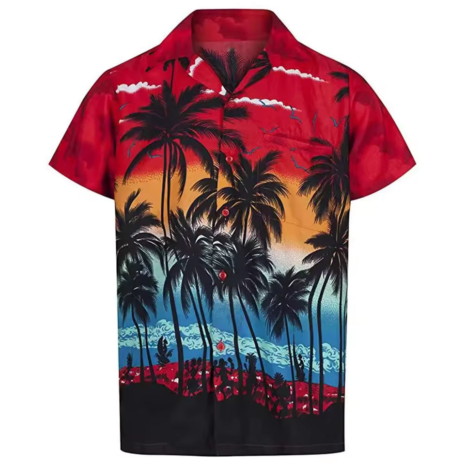 Hawaii Palm Tree Printed Hawaiian Shirt Summer Short Sleeve Shirt