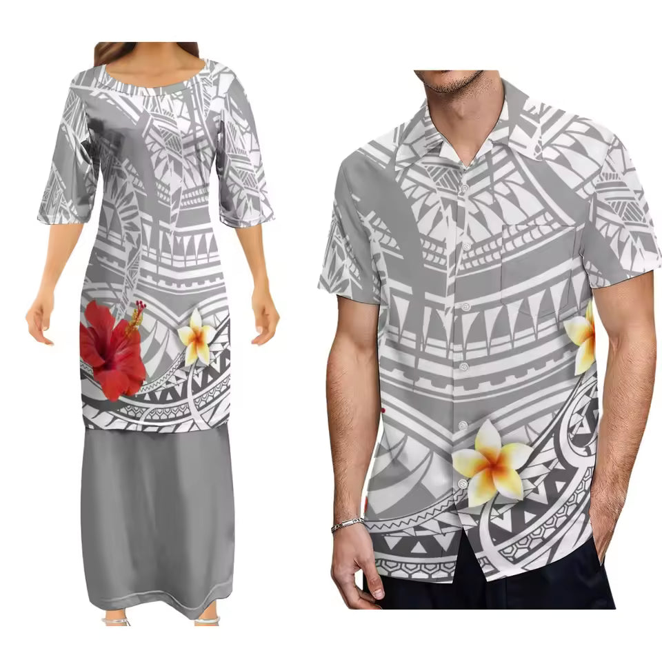 Tropical Flowers Polynesian Tribal Pattern Grey Couple Set Outfit Women's Dress Men's Hawaiian Shirt Polynesian Matching Outfit