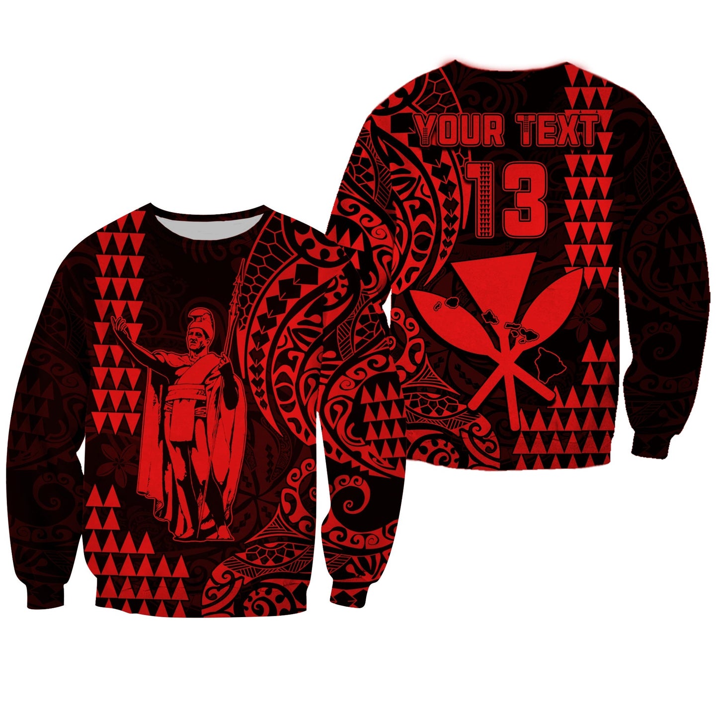 Custom Text and Number Hawaii Day Kakau Sweatshirt Proud To Be Hawaiian Red King Kamehameha and Kanaka Maoli