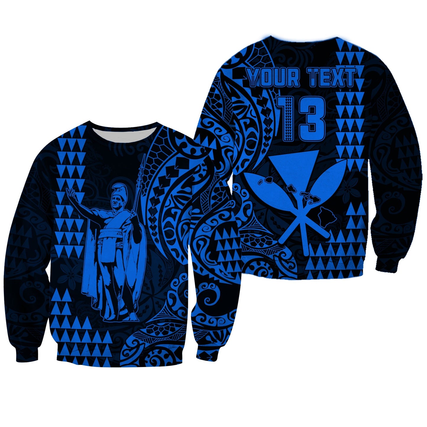 Custom Text and Number Hawaii Day Kakau Sweatshirt Proud To Be Hawaiian Blue King Kamehameha and Kanaka Maoli