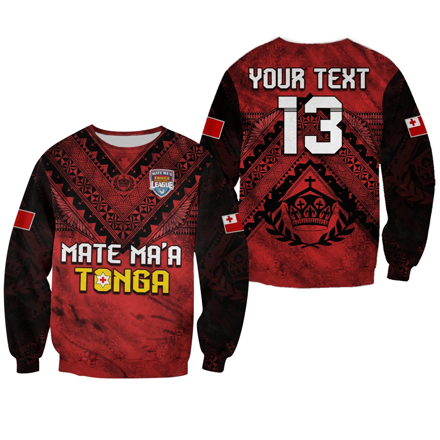 Custom Text and Number Tonga Rugby MMT Sweatshirt Ngatu Mate Maa Tonga Grunge