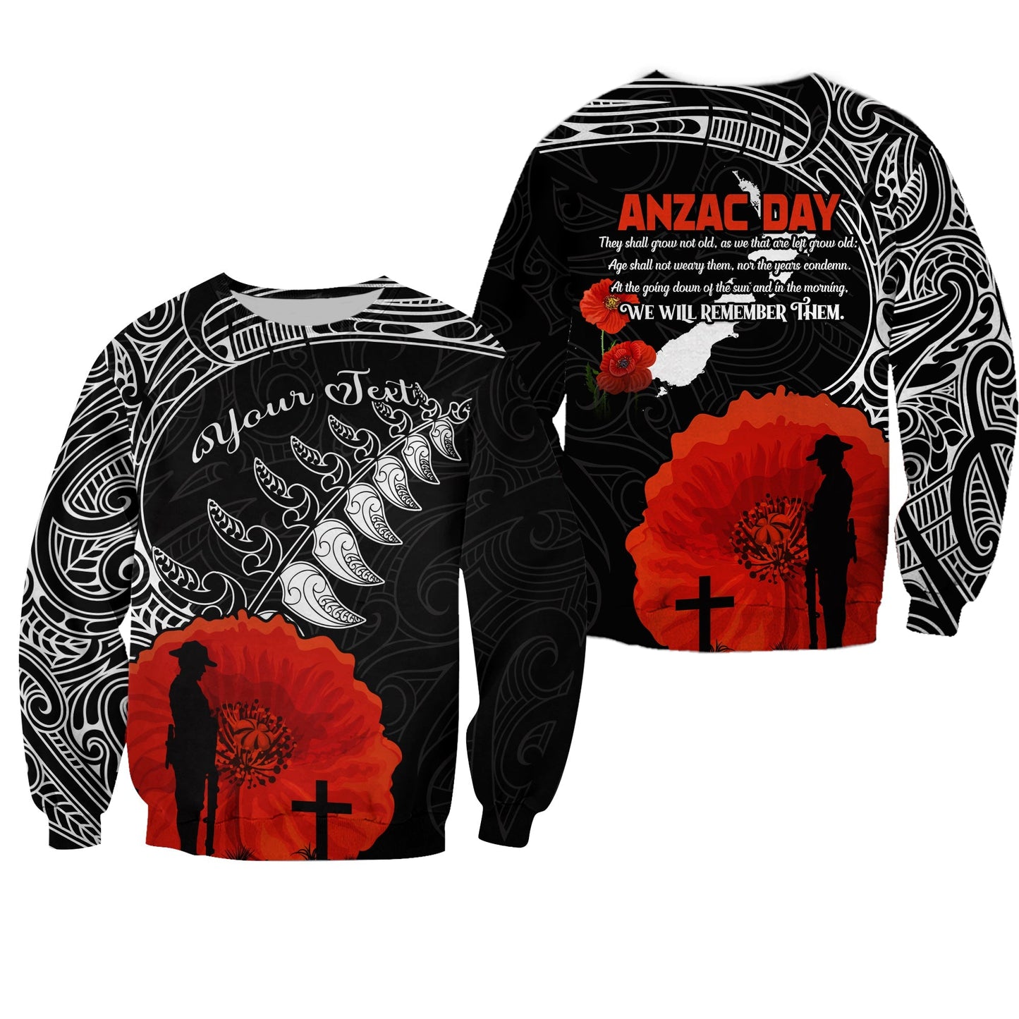 Custom Personalised New Zealand Anzac 2022 Sweatshirt Maori Mix Fern Poppy