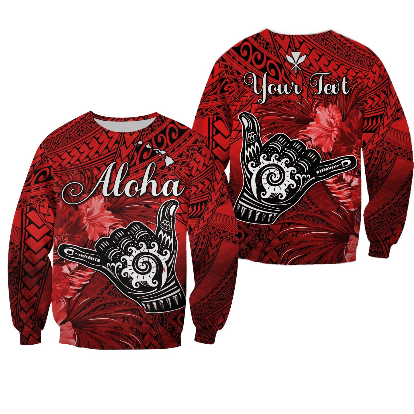 Custom Personalised The Shaka Hawaii Sweatshirt Tropical Flowers Red Version