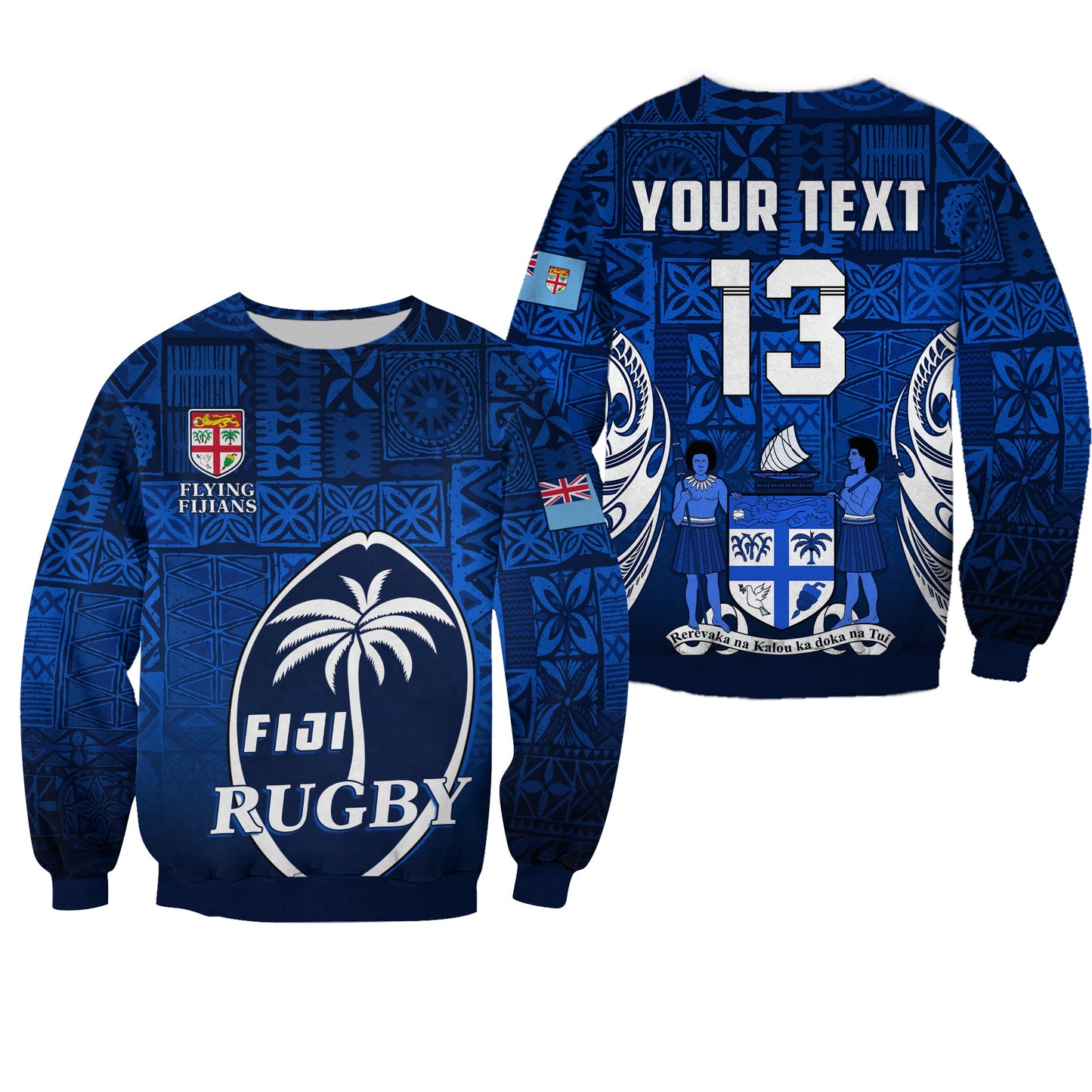 Custom Text and Number Fiji Rugby Sweatshirt Flying Fijians Blue Tapa Pattern