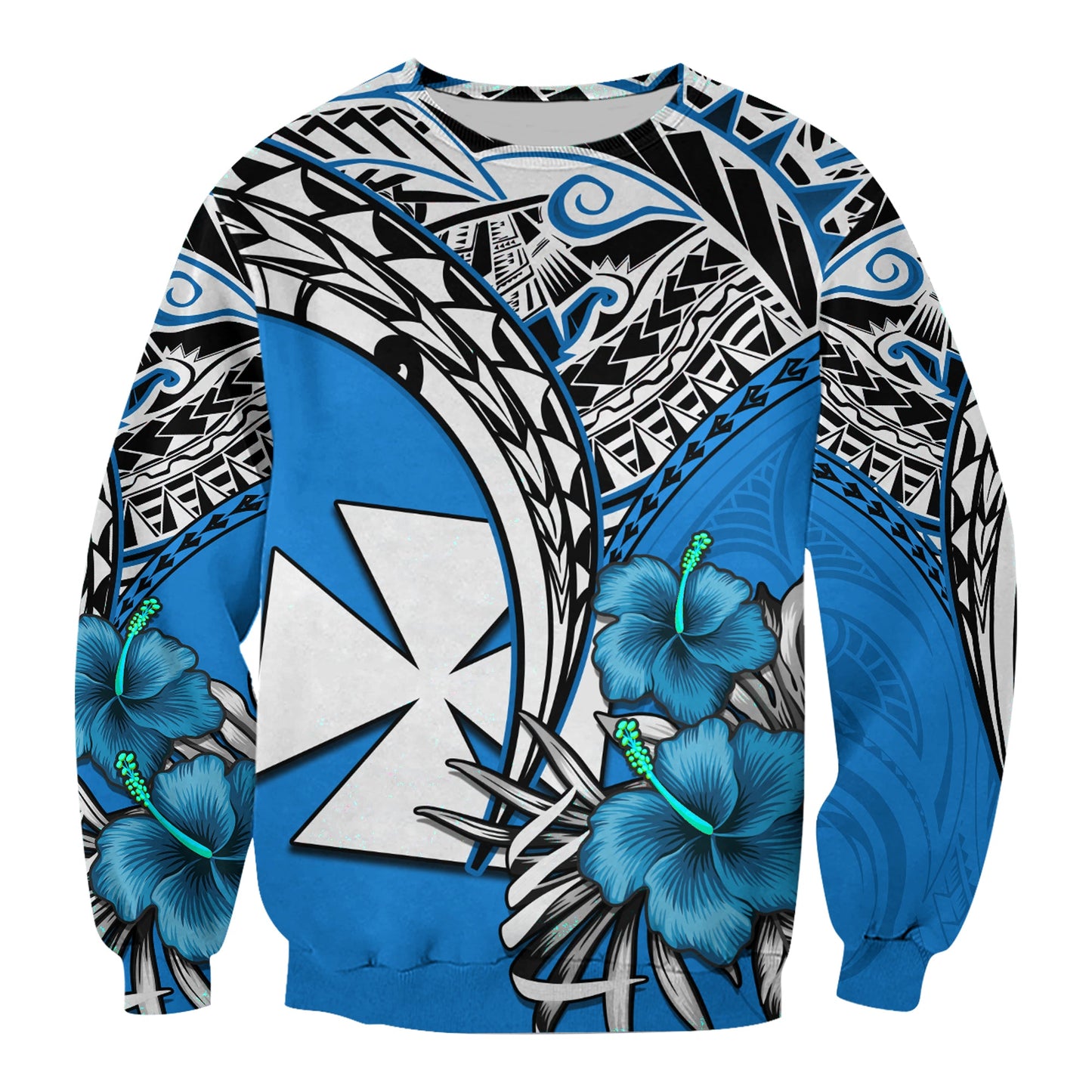 Wallis et Futuna Sweatshirt Polynesian Pattern and Hibiscus Flowers Version Blue
