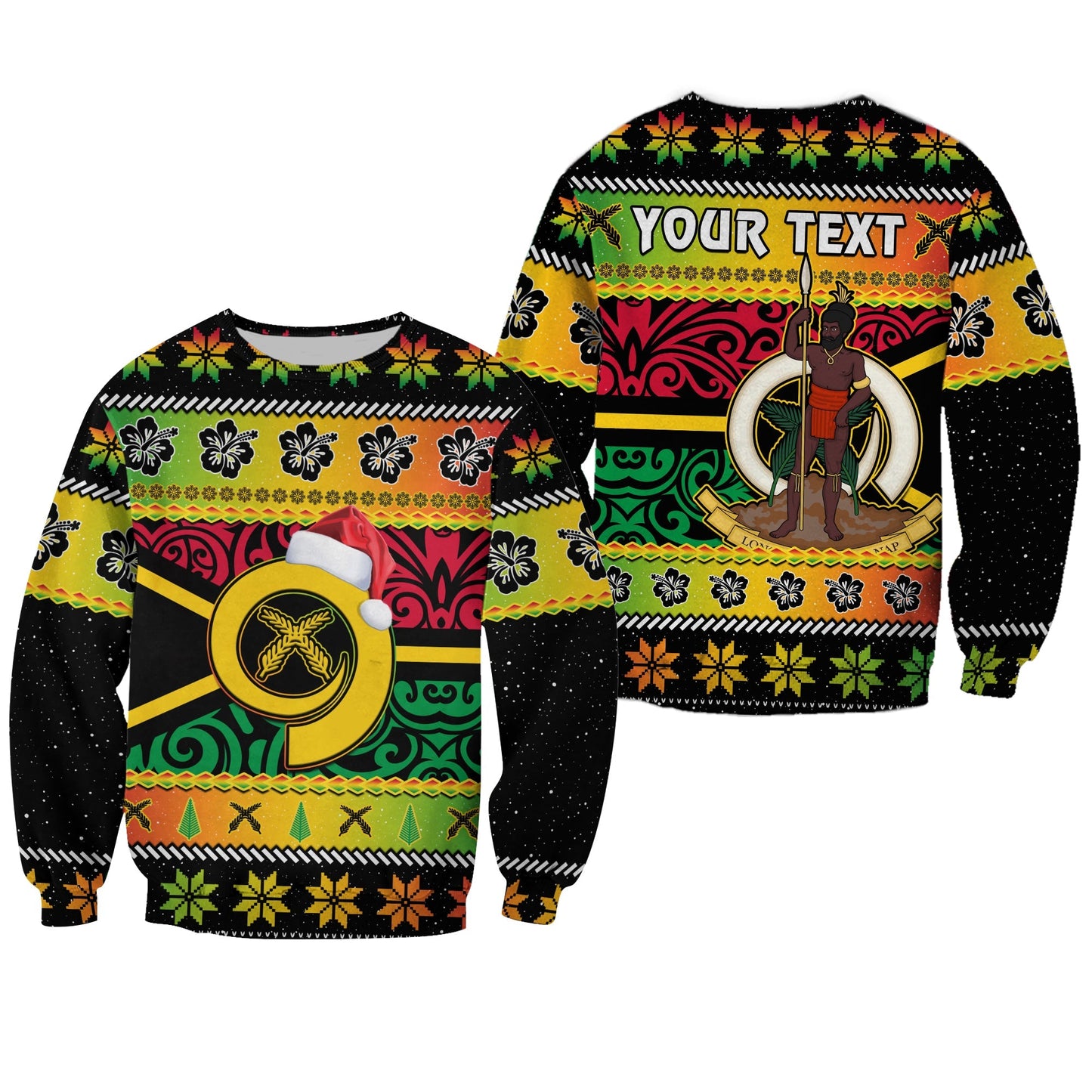 Custom Personalised Vanuatu Christmas Sweatshirt Pig Tusk Polynesian Joyeux Noel Flag Art