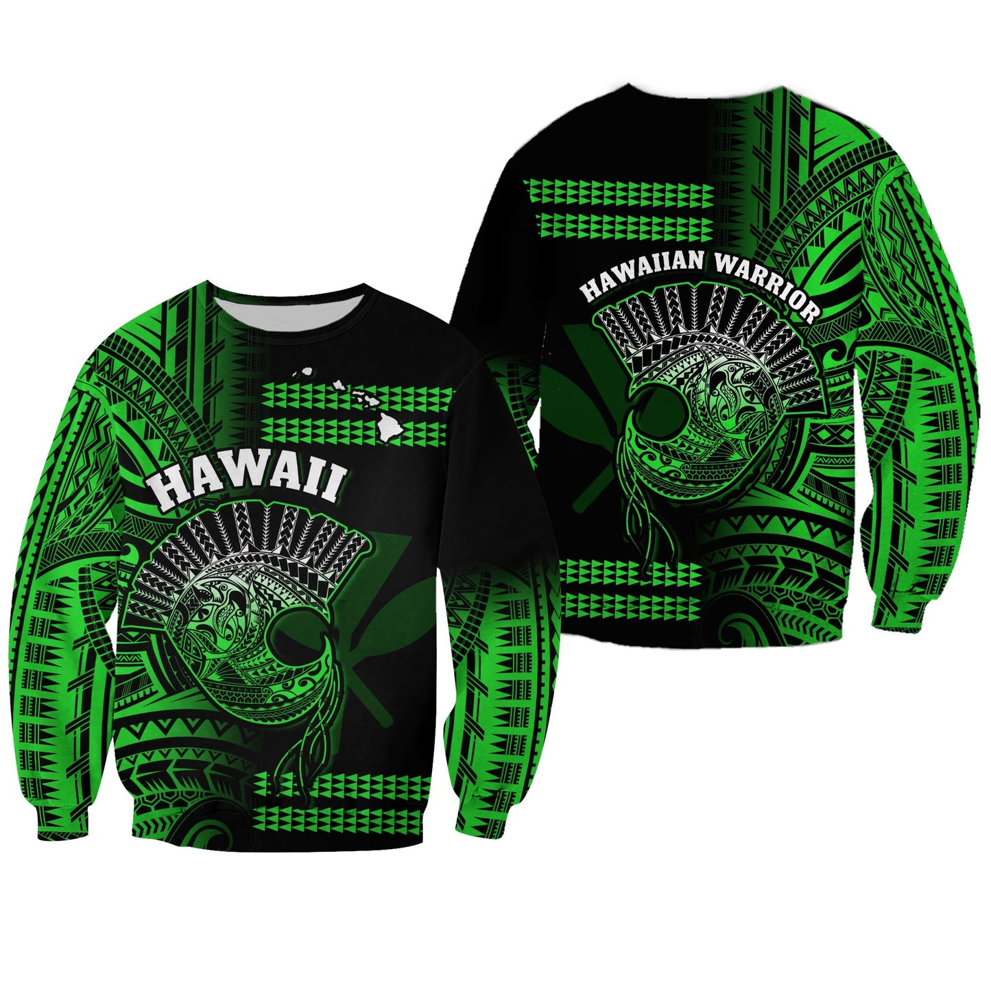 Hawaii Sweatshirt Kakau Warrior Helmet Gradient Green Polynesian