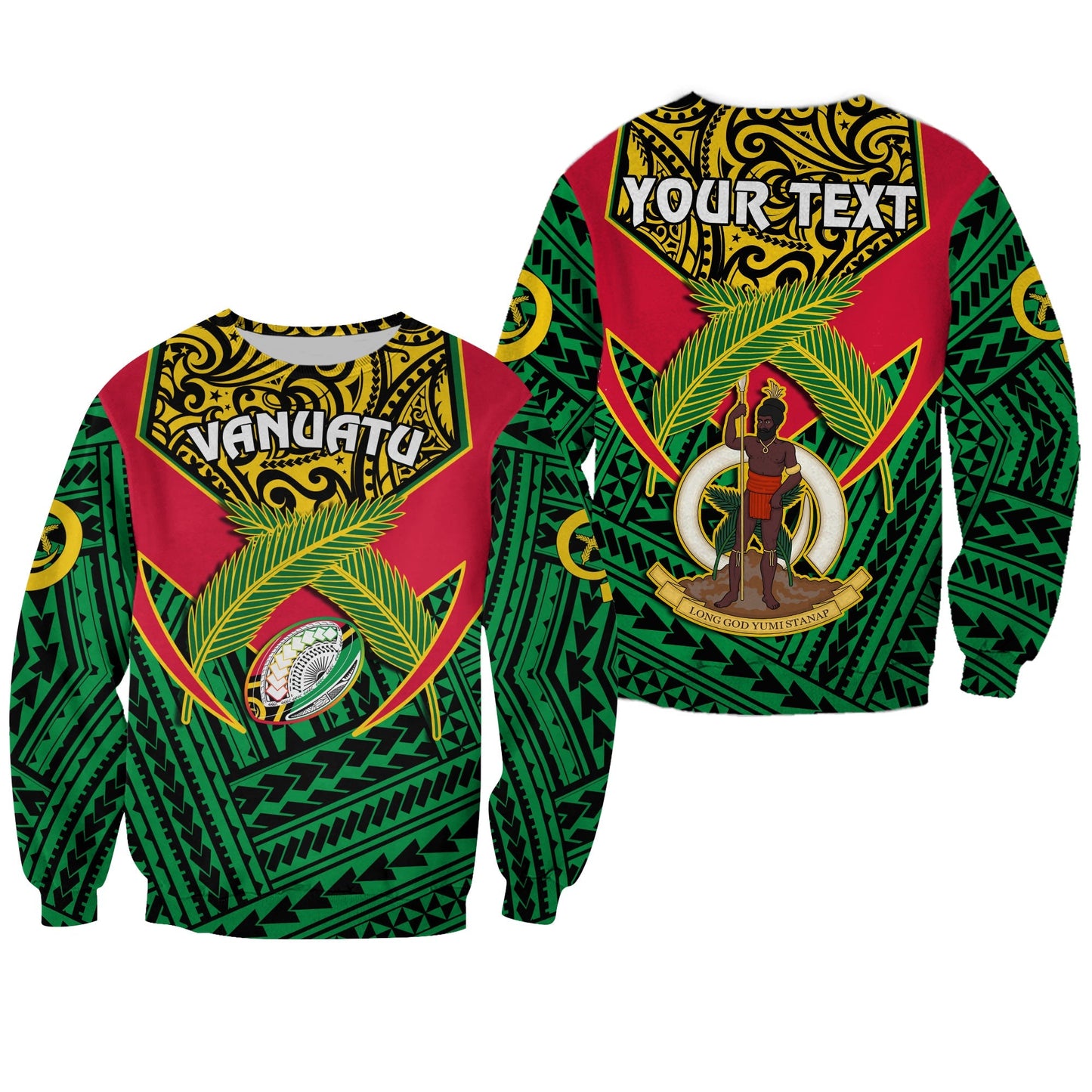 Custom Personalised Vanuatu Rugby Sweatshirt Coat Of Arms Polynesian Pattern