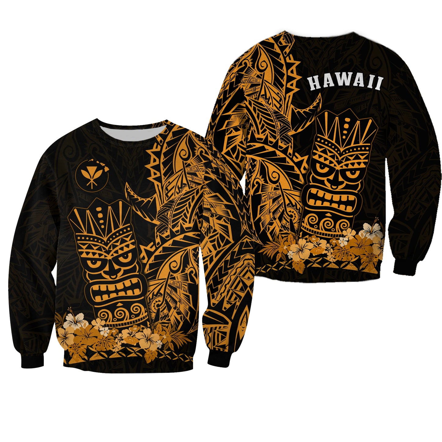 Hawaii Polynesian Sweatshirt Gold Tiki Masks Hawaiian