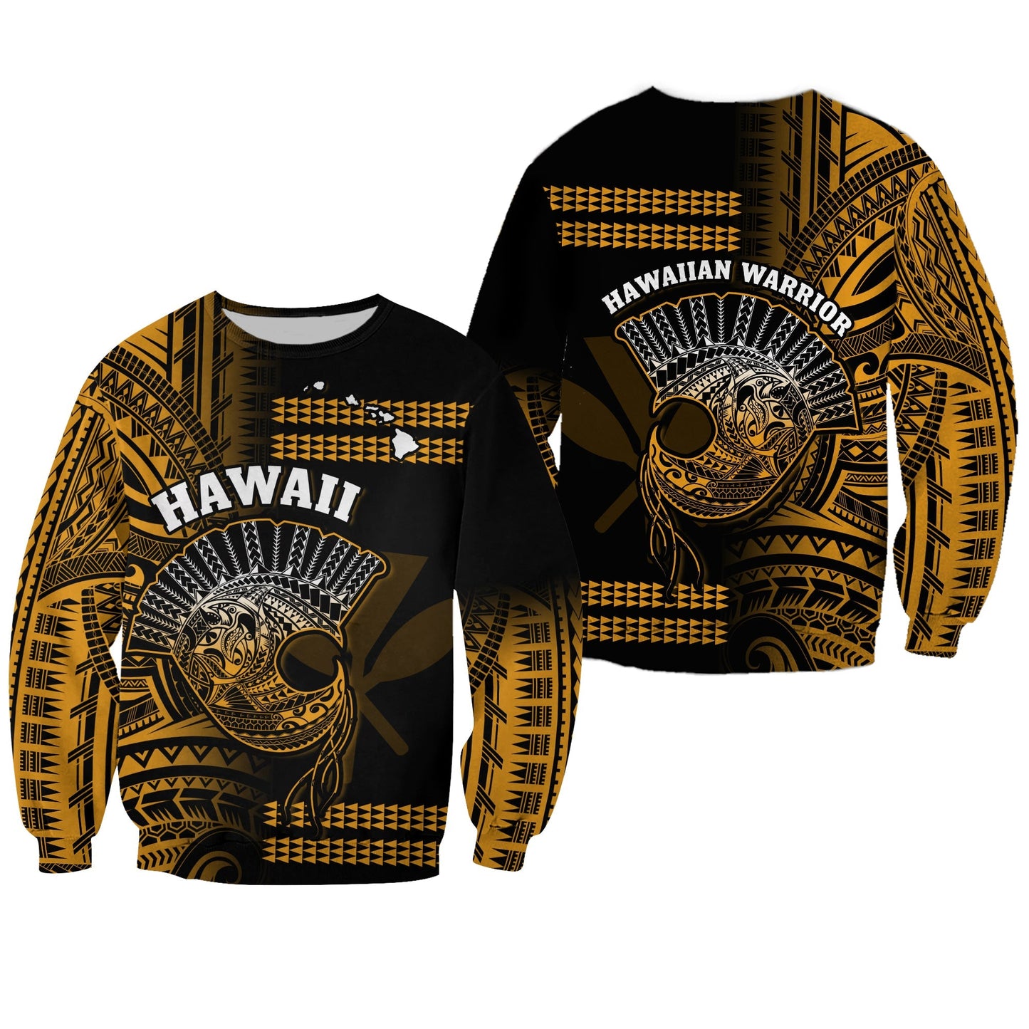 Hawaii Sweatshirt Kakau Warrior Helmet Gradient Gold Polynesian
