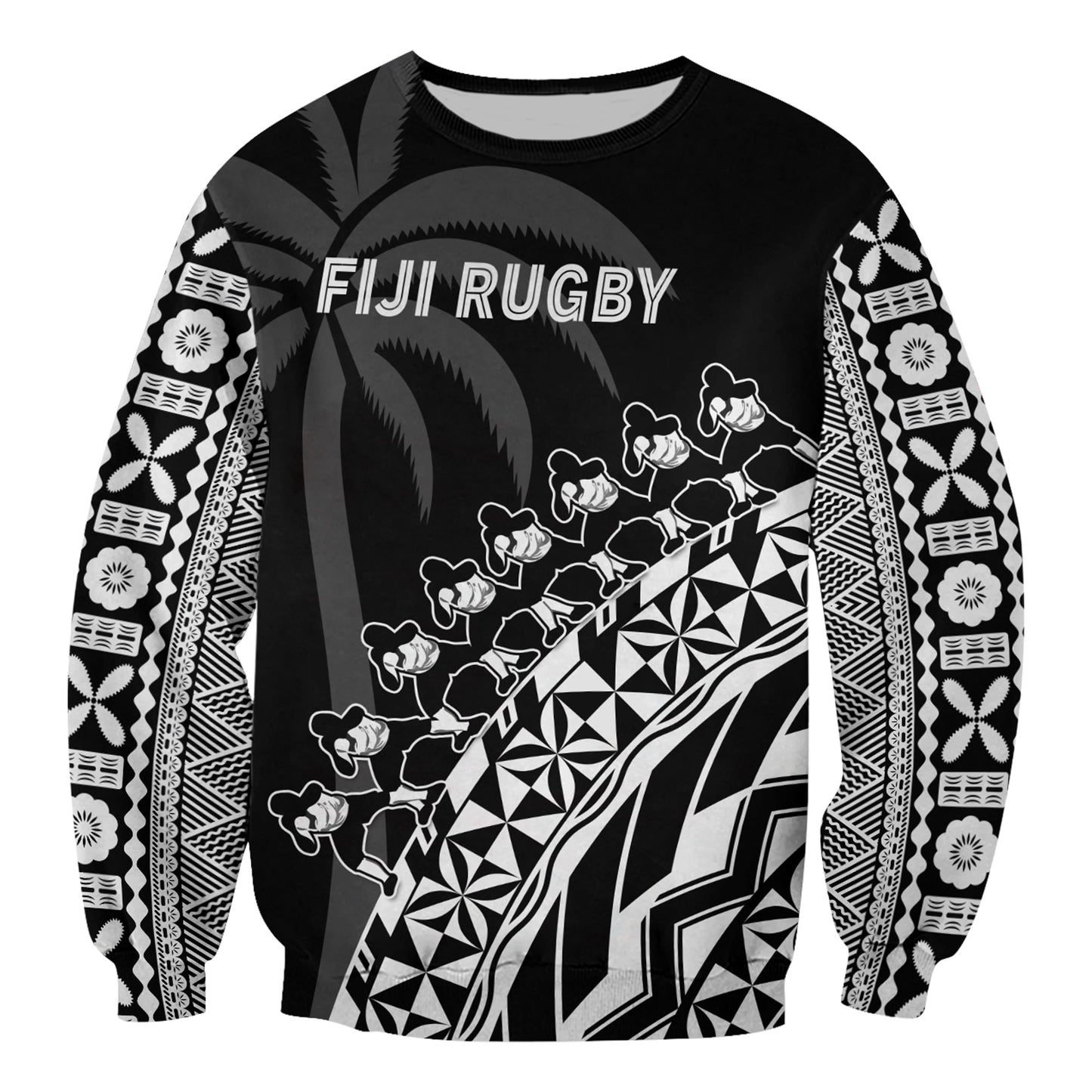 Custom Text And Number Fiji Rugby Sweatshirt Fijian Cibi Dance Tapa Pattern Black
