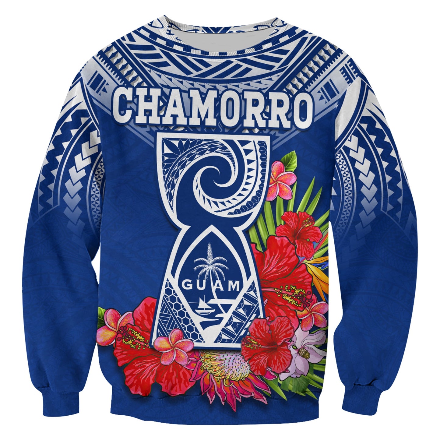Custom Personalised Guam Chamorro Sweatshirt Guaman Latte Stone Tropical Flowers Blue Version