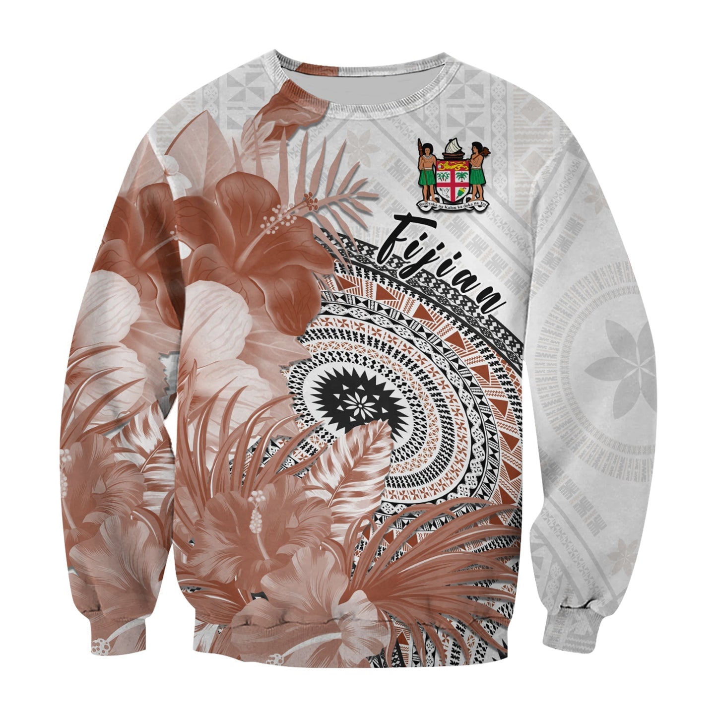 Fiji Tapa Sweatshirt White Fijian Masi Be Loved Hibiscus
