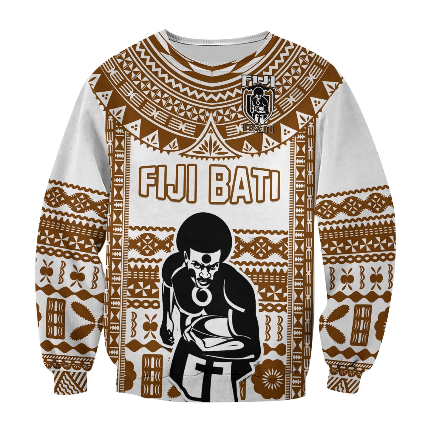 Custom Text And Number Fiji Rugby Sweatshirt Pacific The Bati Brown Fijian Tapa