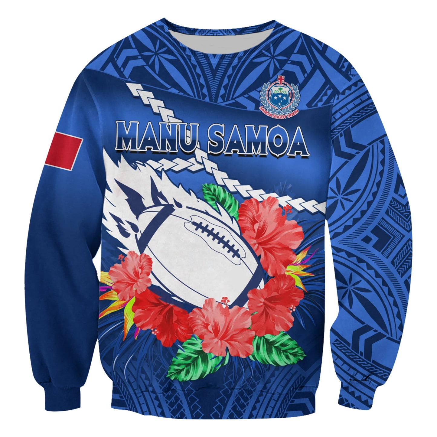 Samoa Rugby Sweatshirt Manu Samoa Polynesian Hibiscus Blue Style