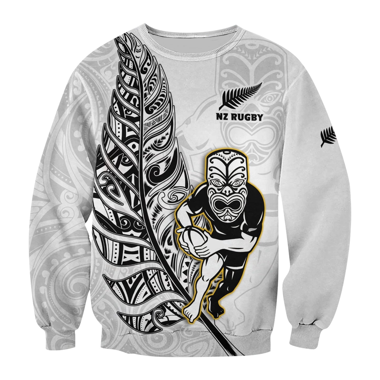 Custom Text And Number New Zealand Silver Fern Rugby Sweatshirt All Black Maori Version White